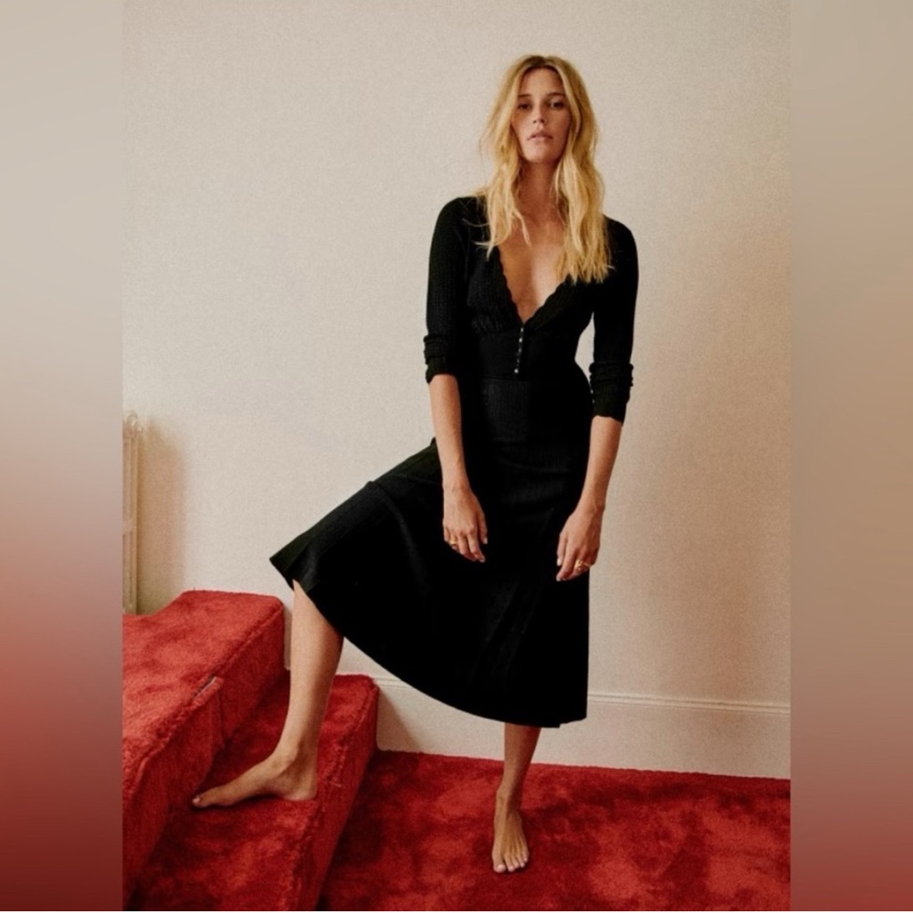 Sezane Jacinthe black knit plunging neck midi dress